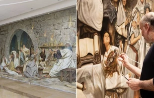Detalle de las pinturas que recubren la Sala de Pentecostés (izq.)/Daniel Cariola, artista chileno, trabajando en sus pinturas (der). Crédito: Centro Notre Dame de Jerusalén.