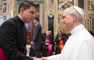Mons. José Nahúm Jairo Salas Castañeda saluda al Papa León XIV. Crédito: Vatican Media.