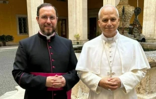 Mons. Salvador Aguilera López con el Papa León XIV en el Vaticano. Crédito: Archidiócesis de Toledo.
