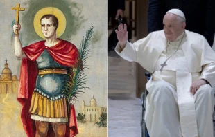 Imágenes de San Expedito y el Papa Francisco. Créditos: Wellcome Images / Wikipedia (CC BY 4.0) - Daniel Ibañez / ACI Prensa.