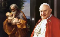 San José sosteniendo al Niño Jesús, en pintura de Guido Reni; y San Juan XXIII.