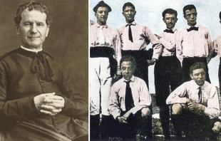 San Juan Bosco. Cru00e9dito: Wikimedia / Dominio pu00fablico | Los fundadores/futbolistas de la Juventus F. C. con la primera indumentaria del club. Cru00e9dito: Wikimedia / Dominio pu00fablico. 