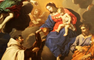 San Simón Stock recibiendo el escapulario de la Virgen Crédito: Dominio Público - Wikimedia Commons