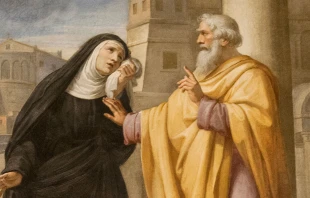 Santa Mónica y su hijo San Agustín en una pintura en la iglesia Sant' Agostino en Roma Crédito: Foto de Flickr Lawrence OP (CC BY-NC-ND 2.0)