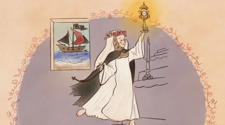 Santa Rosa de Lima y la Eucaristía, dibujo de Luis Pacheco del Pino en la Enciclopedia Católica. 30082025