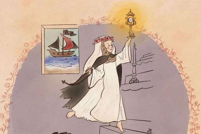 Santa Rosa de Lima y la Eucaristía, dibujo de Luis Pacheco del Pino en la Enciclopedia Católica. 30082025