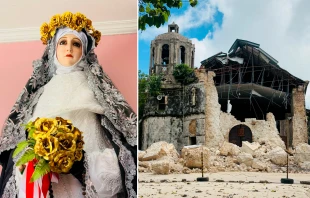 Imagen de Santa Rosa de Lima y el santuario que quedó dañado por el terremoto. Crédito: Archdiocesan Shrine of Santa Rosa de Lima.
