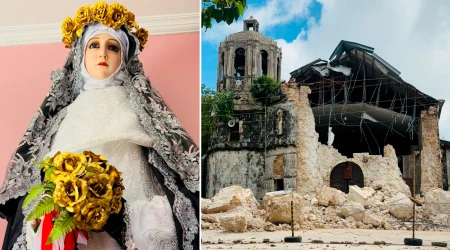 Imagen de Santa Rosa de Lima y el santuario que quedó dañado por el terremoto.