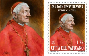 El retrato de San John Henry Newman hecho por Raúl Berzosa y la adaptación filatélica hecha por el Vaticano. Crédito: Cortesía de Raúl Berzosa.