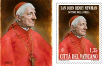 El retrato de San John Henry Newman hecho por Raúl Berzosa y la adaptación filatélica hecha por el Vaticano.