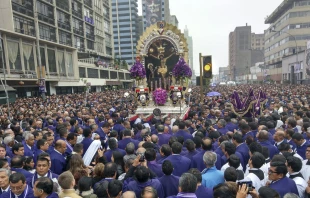 La procesión del Señor de los Milagros en el centro histórico de Lima Crédito: David Ramos / ACI Prensa
