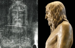 De izquierda a derecha: Fotografía en negativo de la imagen frontal del hombre de la sábana. Vista lateral de la escultura “La Señal”, que representa al hombre de la sábana. Crédito: Copyright 1978, Vernon Miller/Colección de Gilbert Lavoie.