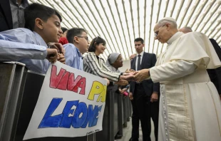 El Papa León XIV se reúne con empleados de la Santa Sede y sus familias en el Aula Pablo VI en el Vaticano el sábado 24 de mayo de 2025. Crédito: Vatican Media,