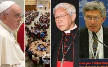 El Papa Francisco, las mesas redondas del Sínodo de la Sinodalidad en el Vaticano, el Cardenal Zen y Paolo Ruffiini.