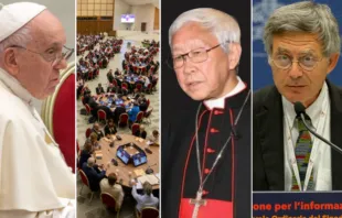 El Papa Francisco, las mesas redondas del Sínodo de la Sinodalidad en el Vaticano, el Cardenal Zen y Paolo Ruffiini. Crédito: Fotos de EWTN News.