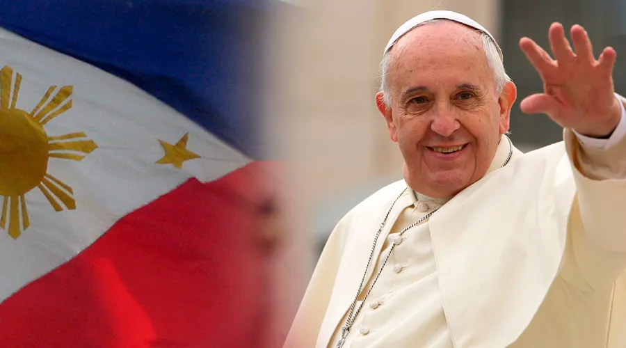 Papa Francisco. Foto: Daniel Ibáñez - ACI Prensa / Bandera de Filipinas. Foto: Wikipedia / Mike Gonzalez (CC-BY-SA-3.0)
