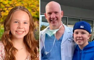 Sophia Forchas, sobreviviente del tiroteo en la escuela la Anunciación, en una foto antes del incidente y después del ataque, junto al neurocirujano Walt Galicich en el Hospital Infantil Gillette de Minneapolis. Crédito: Foto cortesía de la familia Forchas