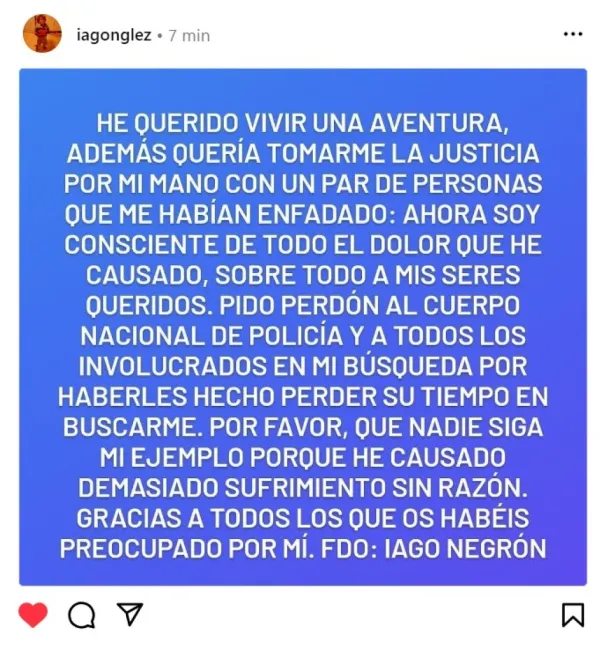 Comunicado de Iago Negrón tras su vuelta a casa el31 de diciembre de 2023. Crédito: Instagram de Iago Negrón.