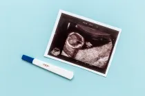 Imagen de ultrasonido del feto con prueba de embarazo positiva.