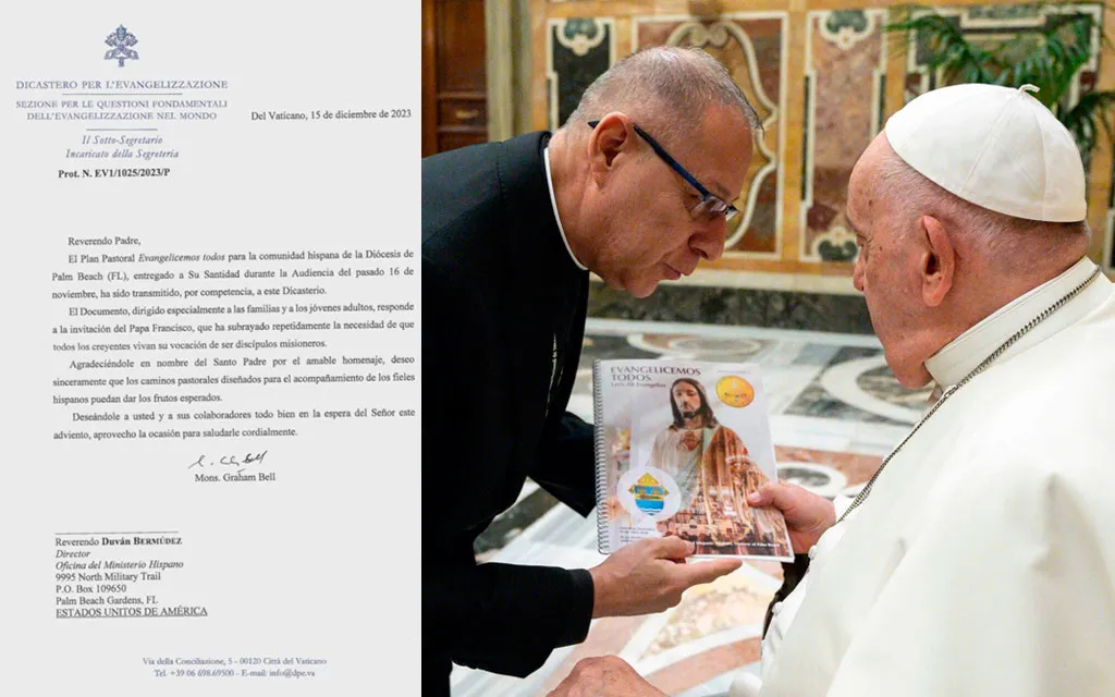 La carta de felicitación del Vaticano a la diócesis de Palm Beach / El P. Duván Bermúdez entrega al Papa Francisco una copia del plan pastoral "Evangelicemos todos".?w=200&h=150