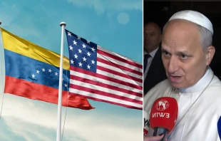 Papa León XIV y banderas de EE.UU. y Venezuela. Crédito: EWTN News / Shutterstock
