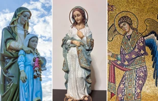 Escultura de Santa Ana, la Virgen de la Dulce Espera y el Arcángel Gabriel. Crédito: Lunatic_67/Canva; Monserrat Rosas; Sedmak/Canva