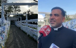 Izq: Cintas blancas con peticiones de los devotos a la Virgen Desatanudos. Der: El P. José Ángel Torres. Crédito: Andrés Henríquez/EWTN.