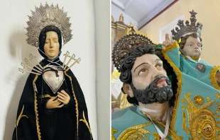La Virgen Dolorosa con el corazón y las espadas de plata; y la imagen de San Cristóbal con el Niño Jesús con sus respectivas coronas de plata, antes del robo. Crédito: Cortesía P. Jesús Luján