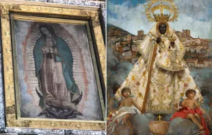 A la izquierda la advocación de la Nuestra Señora de Guadalupe en México. A la derecha, la Virgen de Guadalupe de Extremadura (España). Crédito: (Izquierda) Fotografía de David Ramos / ACI Prensa - (Derecha) Pintura de Raúl Berzosa.