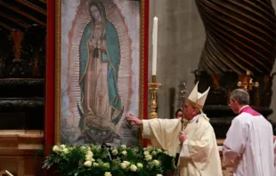 Francisco y la Virgen Guadalupe. Crédito: Daniel Ibañez (ACI Prensa)