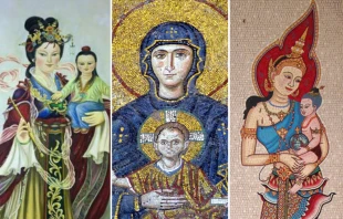 Imágenes marianas: Virgen con el Niño Jesús en Macao, Virgen María en Hagia Sophia y 
Virgen con el Niño Jesús en estilo tailandés Crédito: Flickr Pondspider;  Flickr Kotomi; Flickr Mojotrotters