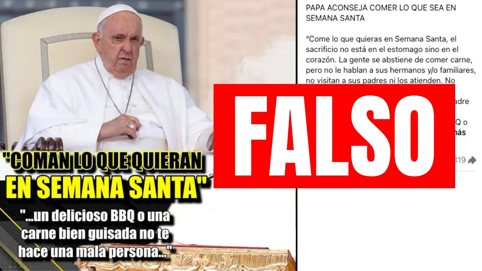 Publicaciones falsas en redes sociales atribuyen al Papa Francisco un mensaje en el que supuestamente anima a comer "lo que quieras en Semana Santa".?w=200&h=150