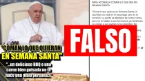 Publicaciones falsas en redes sociales atribuyen al Papa Francisco un mensaje en el que supuestamente anima a comer "lo que quieras en Semana Santa".