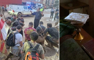 El P. Salvador Romero bendice a voluntarios en Paiporta/ El cáliz y corporal intactos tras la inundación Crédito: Cortesía