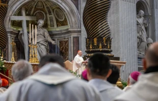 El cardenal italiano Domenico Calcagno leyó la homilía preparada por el Santo Padre Crédito: Daniel Ibañez/EWTN News